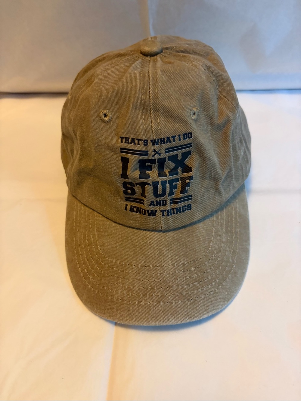 Mens NWOT Khaki Cap with 'I Fix Stuff' Navy Graphic